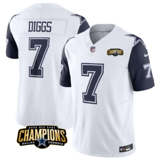 Men's Dallas Cowboys #7 Trevon Diggs White Navy 2023 F.U.S.E. NFC East Champions Patch Stitched Football Jersey