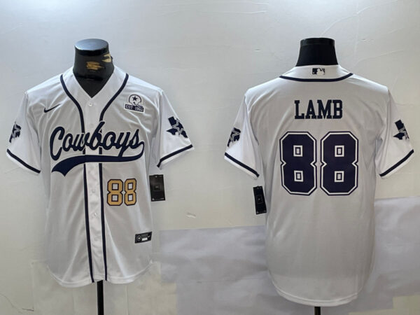 Men's Dallas Cowboys #88 CeeDee Lamb White With Patch Cool Base Stitched Baseball Jerseys