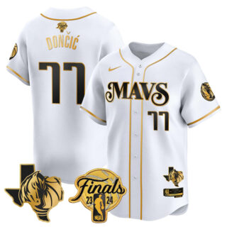 Men's Dallas Mavericks #77 Luka Doncic White Gold 2024 Finals & Texas Patch Stitched Baseball Jersey