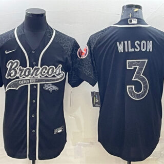 Men's Denver Broncos #3 Russell Wilson Black Reflective With Patch Cool Base Stitched Baseball Jersey