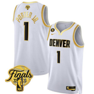 Men's Denver Nuggets #1 Michael Porter Jr. White Gold Edition 2023 Finals Collection With NO.6 Patch Stitched Basketball Jersey