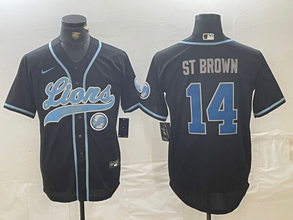 Men's Detroit Lions #14 Amon-Ra St. Brown Black Cool Base Stitched Baseball Jerseys