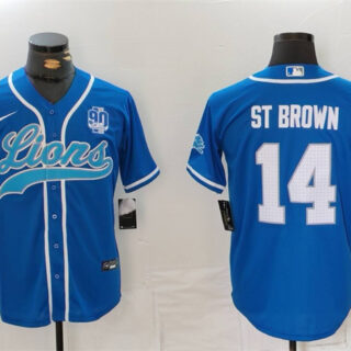 Men's Detroit Lions #14 Amon-Ra St. Brown Blue With 90th Anniversary Patch Cool Base Stitched Baseball Jersey
