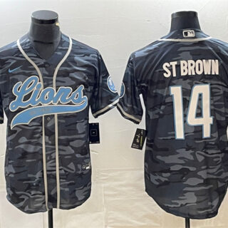 Men's Detroit Lions #14 Amon-Ra St. Brown Grey Camo Cool Base Stitched Baseball Jersey