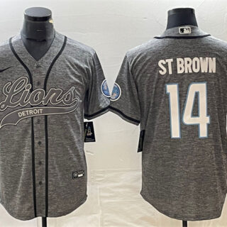 Men's Detroit Lions #14 Amon-Ra St. Brown Grey Cool Base Stitched Baseball Jersey
