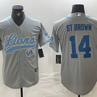 Men's Detroit Lions #14 Amon-Ra St. Brown Grey Cool Base Stitched Baseball Jerseys