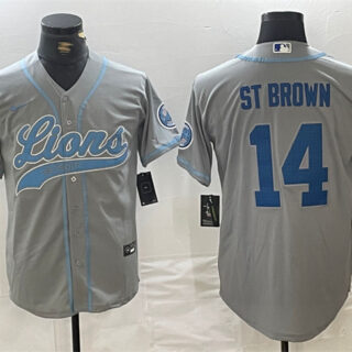 Men's Detroit Lions #14 Amon-Ra St. Brown Grey Cool Base Stitched Baseball Jersey