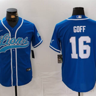 Men's Detroit Lions #16 Jared Goff Blue Cool Base Stitched Baseball Jersey