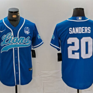 Men's Detroit Lions #20 Barry Sanders Blue With 90th Anniversary Patch Cool Base Stitched Baseball Jersey