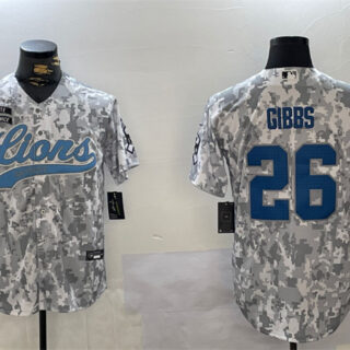 Men's Detroit Lions #26 Jahmyr Gibbs 2024 Arctic Camo Salute To Service Stitched Baseball Jersey