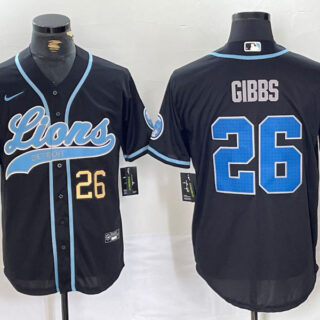 Men's Detroit Lions #26 Jahmyr Gibbs Black Cool Base Stitched Baseball Jerseys