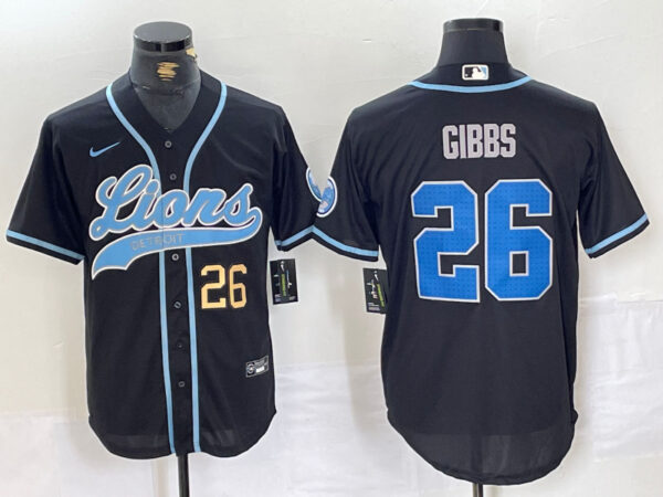 Men's Detroit Lions #26 Jahmyr Gibbs Black Cool Base Stitched Baseball Jerseys