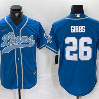 Men's Detroit Lions #26 Jahmyr Gibbs Blue Cool Base Stitched Baseball Jersey