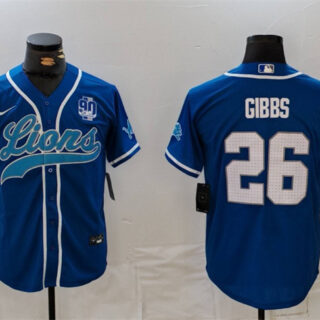 Men's Detroit Lions #26 Jahmyr Gibbs Blue With 90th Anniversary Patch Cool Base Stitched Baseball Jersey