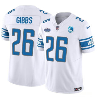 Men's Detroit Lions #26 Jahmyr Gibbs White 2023 F.U.S.E. With Prem1ere Patch 90th Anniversary Vapor Untouchable Limited Stitched Football Jersey