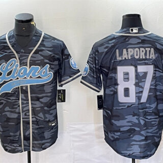 Men's Detroit Lions #87 Sam LaPorta Grey Camo Cool Base Stitched Baseball Jersey