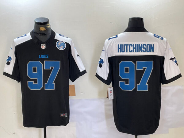 Men's Detroit Lions #97 Aidan Hutchinson Black White F.U.S.E. 2024 Michigan Patch Vapor Limited Stitched Jerseys