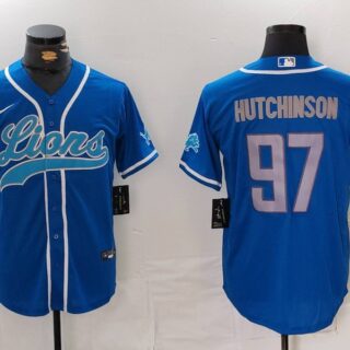 Men's Detroit Lions #97 Aidan Hutchinson Blue Cool Base Stitched Baseball Jersey