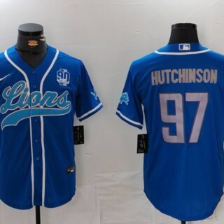 Men's Detroit Lions #97 Aidan Hutchinson Blue With 90th Anniversary Patch Cool Base Stitched Baseball Jersey