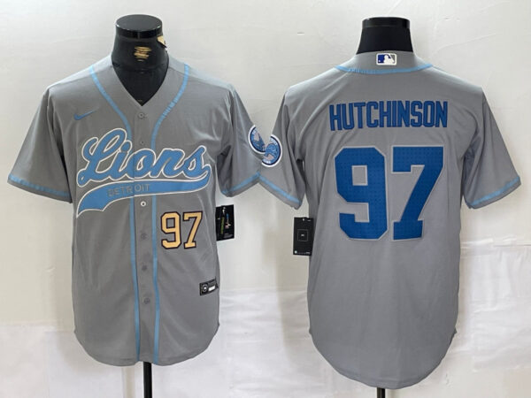 Men's Detroit Lions #97 Aidan Hutchinson Grey Cool Base Stitched Baseball Jerseys
