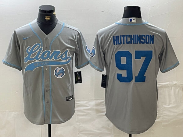 Men's Detroit Lions #97 Aidan Hutchinson Grey Cool Base Stitched Baseball Jerseys