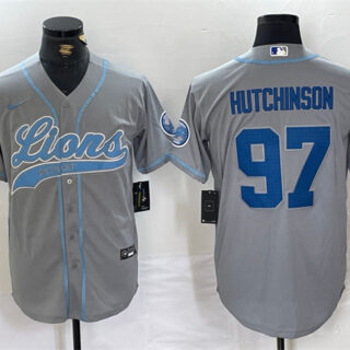 Men's Detroit Lions #97 Aidan Hutchinson Grey Cool Base Stitched Baseball Jersey