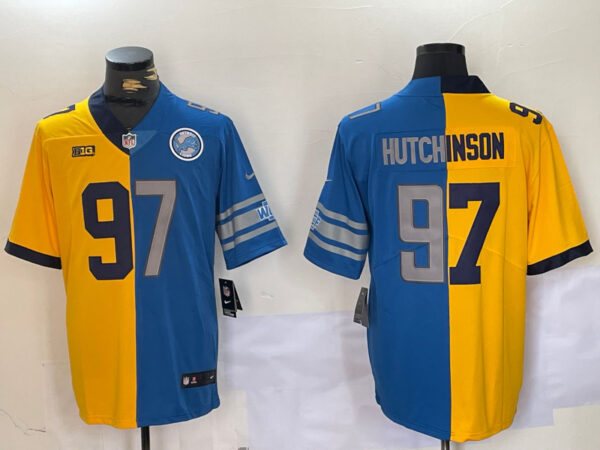 Men's Detroit Lions #97 Aidan Hutchinson Yellow Blue Split Vapor Limited Stitched Jerseys
