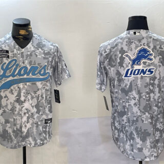 Men's Detroit Lions Team Big Logo 2024 Arctic Camo Salute To Service Stitched Baseball Jersey