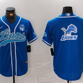 Men's Detroit Lions Team Big Logo Blue With 90th Anniversary Patch Cool Base Stitched Baseball Jersey