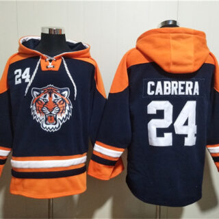 Men's Detroit Tigers #24 Miguel Cabrera Navy Orange Lace-Up Pullover Hoodie