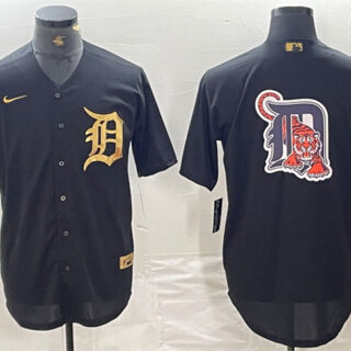 Men's Detroit Tigers Black Team Big Logo Cool Base Stitched Baseball Jersey 3