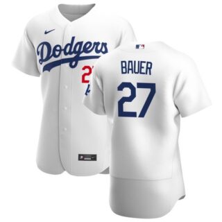 Men's Dodgers #27 Trevor Bauer White Home Flex Base Jersey Stitched 2021