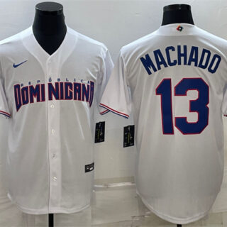 Men's Dominican Republic Baseball #13 Manny Machado 2023 White World Baseball Classic Replica Stitched Jersey