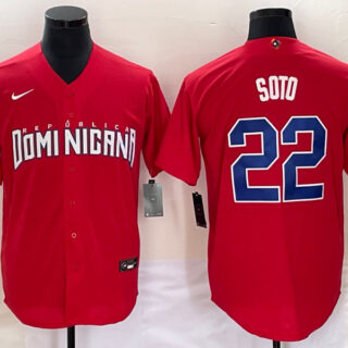 Men's Dominican Republic Baseball #22 Juan Soto 2023 Red World Baseball Classic Stitched Jersey