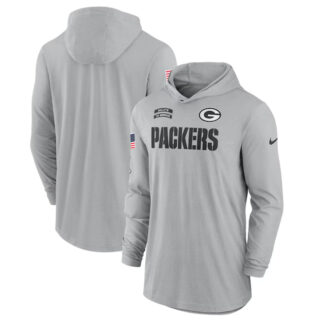 Men's Green Bay Packers 2024 Gray Salute To Service Lightweight Performance Long Sleeve Hooded T-Shirt