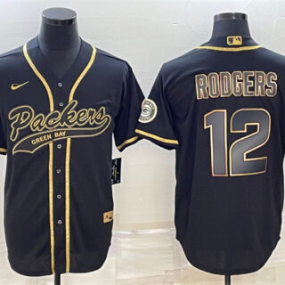 Men's Green Bay Packers #12 Aaron Rodgers Black Gold With Patch Cool Base Stitched Baseball Jersey