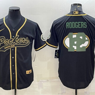 Men's Green Bay Packers #12 Aaron Rodgers Black Team Big Logo With Patch Cool Base Stitched Baseball Jersey