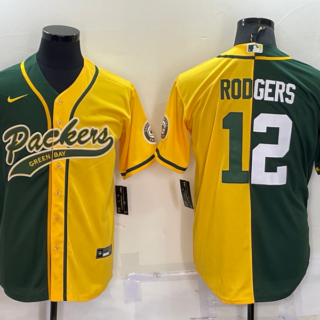 Men's Green Bay Packers #12 Aaron Rodgers Green Yellow Split With Patch Cool Base Stitched Baseball Jersey