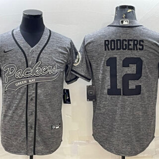 Men's Green Bay Packers #12 Aaron Rodgers Grey With Patch Cool Base Stitched Baseball Jersey