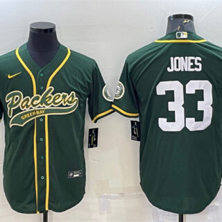 Men's Green Bay Packers #33 Aaron Jones Green With Patch Cool Base Stitched Baseball Jersey