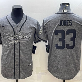 Men's Green Bay Packers #33 Aaron Jones Grey With Patch Cool Base Stitched Baseball Jersey