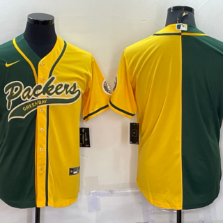 Men's Green Bay Packers Blank Green Yellow Split With Patch Cool Base Stitched Baseball Jersey