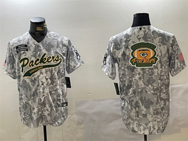 Men's Green Bay Packers Team Big Logo 2024 Arctic Camo Salute To Service Stitched Baseball Jerseys
