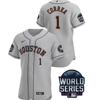 Men's Houston Astros #1 Carlos Correa 2021 Grey World Series Flex Base Stitched Baseball Jersey