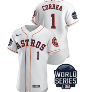 Men's Houston Astros #1 Carlos Correa 2021 White World Series Flex Base Stitched Baseball Jersey