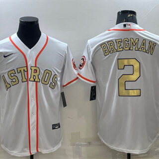 Men's Houston Astros #2 Alex Bregman White Gold 2022 World Series Stitched Baseball Jersey