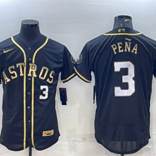 Men's Houston Astros #3 Jeremy Peña Black Gold 2022 World Series Flex Base Stitched Jersey