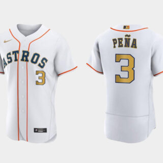 Men's Houston Astros #3 Jeremy Peña White 2023 Gold Collection With World Serise Champions Patch Stitched Baseball Jersey