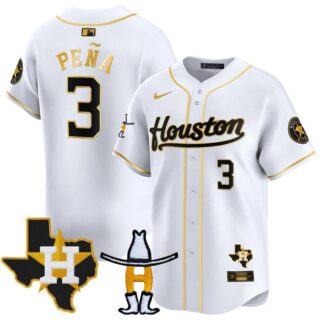 Men's Houston Astros #3 Jeremy Peña White Gold Houston Rodeo Patch Vapor Premier Limited Stitched Baseball Jersey