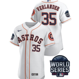 Men's Houston Astros #35 Justin Verlander 2021 White World Series Flex Base Stitched Baseball Jersey